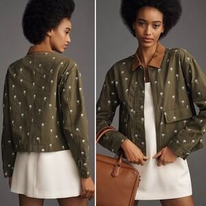 NEW Anthropologie Dolan Barn Jacket Moss Green Floral Embroidered XL Chore Coat